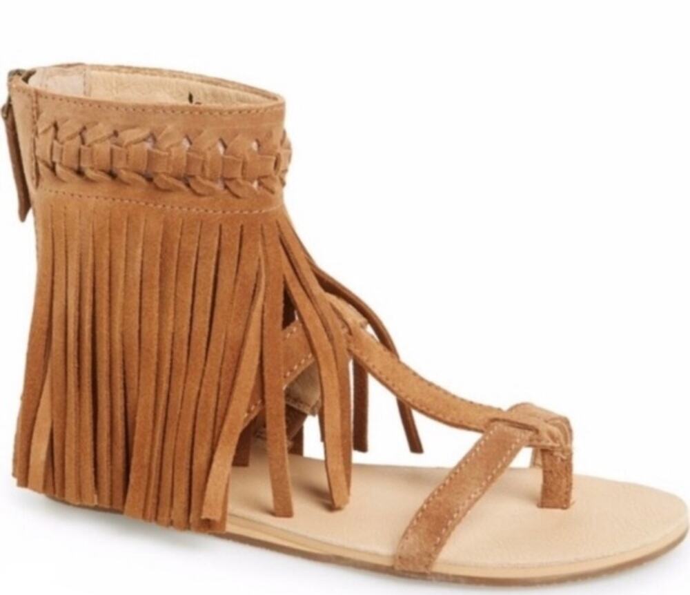 Koolaburra UGG Women's 8 Tan Suede Leather Fringe Moccasin Sandal Gladiator